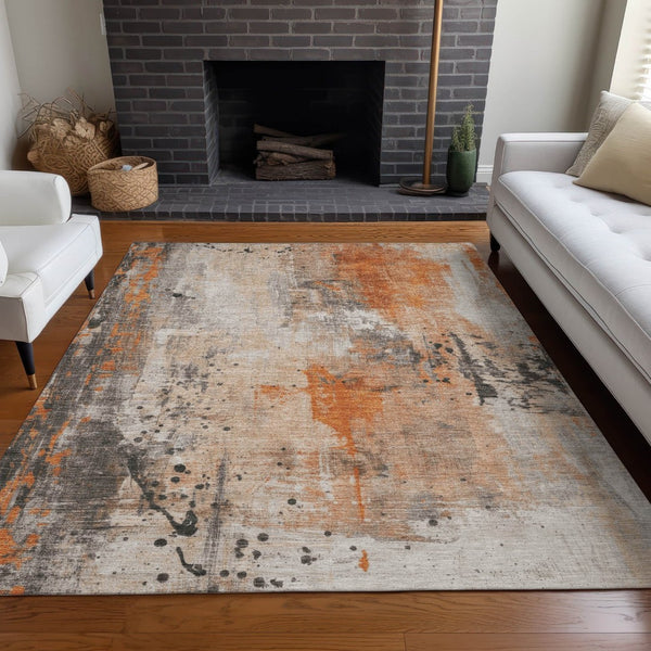HomeRoots 5' Orange and Gray Abstract Area Rug - Washable, Durable, Modern Design for Indoor/Outdoor Use 622391