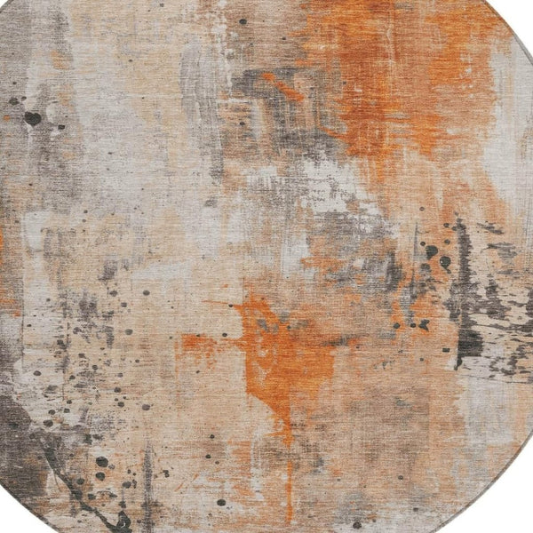 HomeRoots 8' Vibrant Orange and Gray Round Abstract Rug – Washable, Durable for Indoor/Outdoor Spaces! 622392