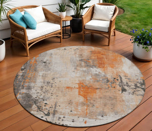 HomeRoots 8' Vibrant Orange and Gray Round Abstract Rug – Washable, Durable for Indoor/Outdoor Spaces! 622392
