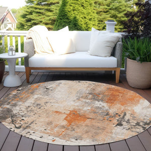 HomeRoots 8' Vibrant Orange and Gray Round Abstract Rug – Washable, Durable for Indoor/Outdoor Spaces! 622392