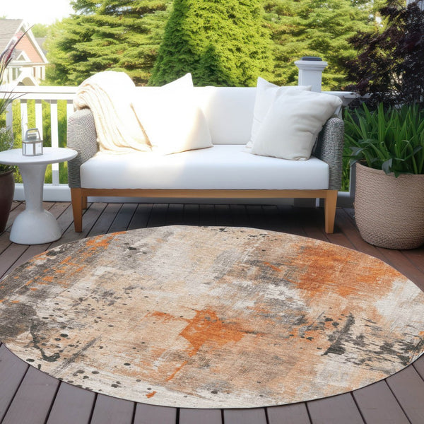 HomeRoots 8' Vibrant Orange and Gray Round Abstract Rug – Washable, Durable for Indoor/Outdoor Spaces! 622392