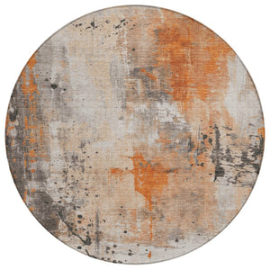HomeRoots 8' Vibrant Orange and Gray Round Abstract Rug – Washable, Durable for Indoor/Outdoor Spaces! 622392