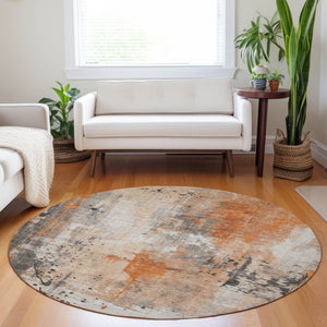 HomeRoots 8' Vibrant Orange and Gray Round Abstract Rug – Washable, Durable for Indoor/Outdoor Spaces! 622392