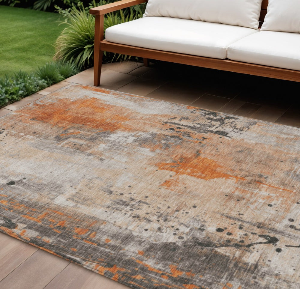 HomeRoots 9' Modern Orange and Gray Abstract Area Rug - Washable, Durable, Non-Slip for Indoor/Outdoor Use 622394