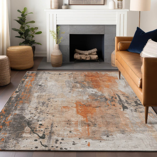 HomeRoots 9' Modern Orange and Gray Abstract Area Rug - Washable, Durable, Non-Slip for Indoor/Outdoor Use 622394