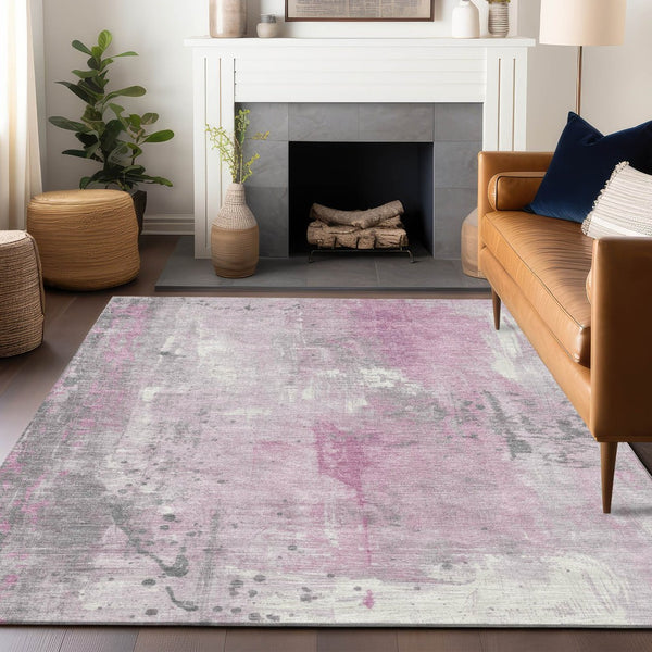 HomeRoots 5' X 8' Pink and Gray Abstract Area Rug - Durable, Machine Washable for Indoor/Outdoor Spaces! 622397