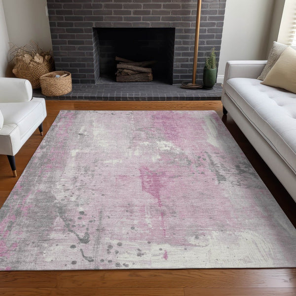 HomeRoots 5' X 8' Pink and Gray Abstract Area Rug - Durable, Machine Washable for Indoor/Outdoor Spaces! 622397