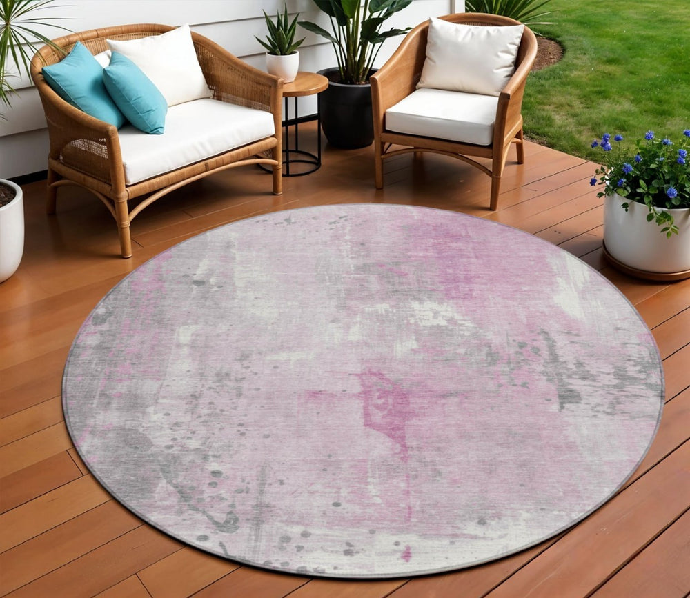 HomeRoots 8' Pink and Gray Round Abstract Area Rug – Stylish, Durable, and Washable for Indoor/Outdoor Use! 622398