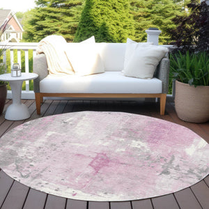 HomeRoots 8' Pink and Gray Round Abstract Area Rug – Stylish, Durable, and Washable for Indoor/Outdoor Use! 622398