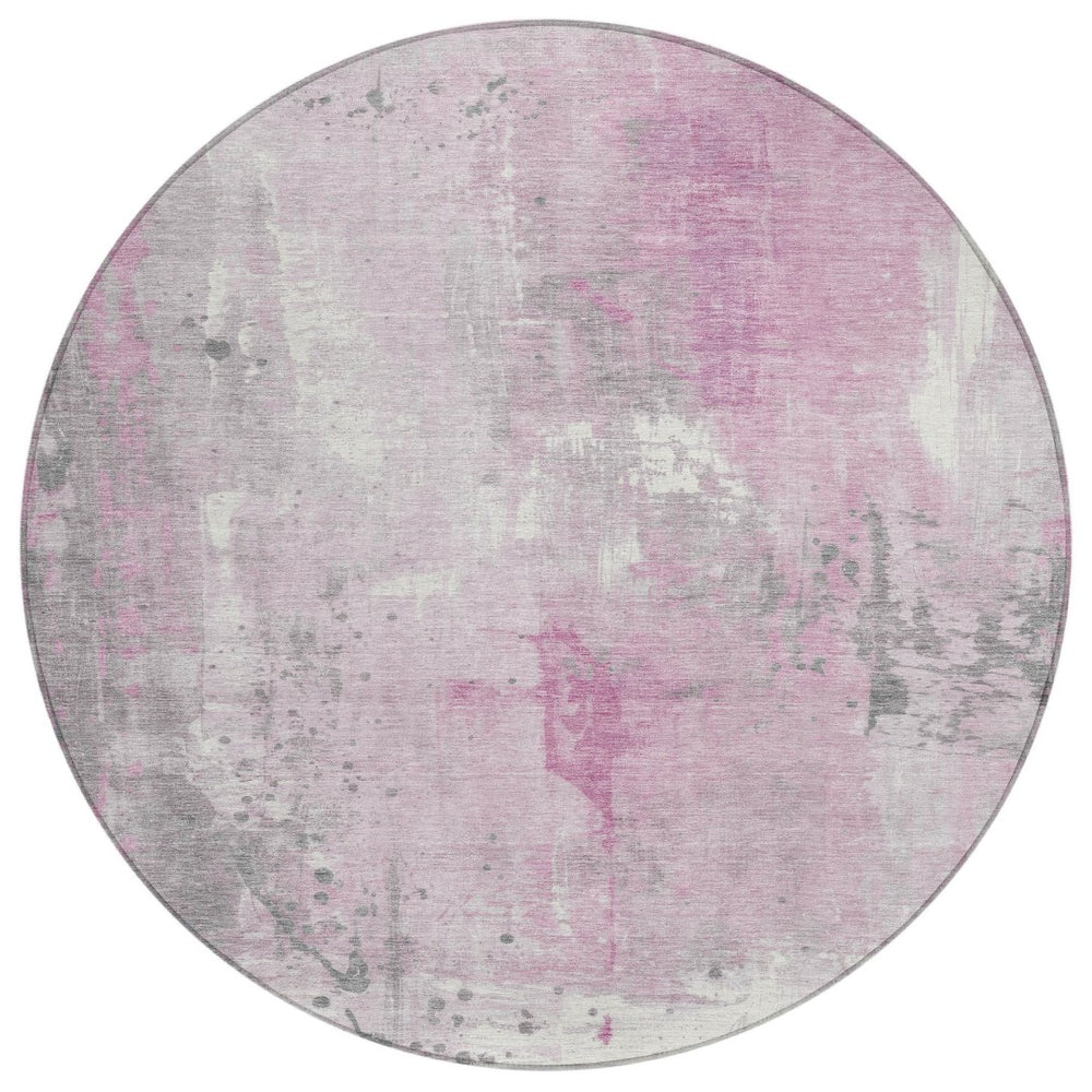 HomeRoots 8' Pink and Gray Round Abstract Area Rug – Stylish, Durable, and Washable for Indoor/Outdoor Use! 622398