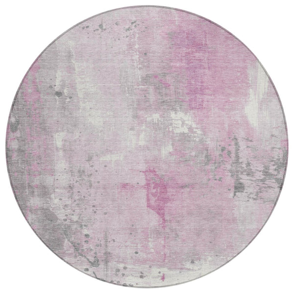 HomeRoots 8' Pink and Gray Round Abstract Area Rug – Stylish, Durable, and Washable for Indoor/Outdoor Use! 622398