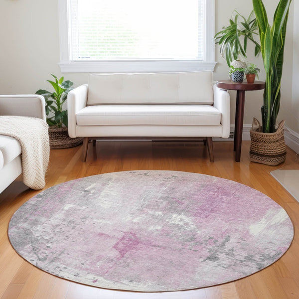 HomeRoots 8' Pink and Gray Round Abstract Area Rug – Stylish, Durable, and Washable for Indoor/Outdoor Use! 622398