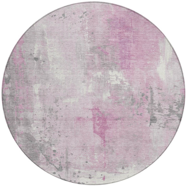 HomeRoots 8' Pink and Gray Round Abstract Area Rug – Stylish, Durable, and Washable for Indoor/Outdoor Use! 622398