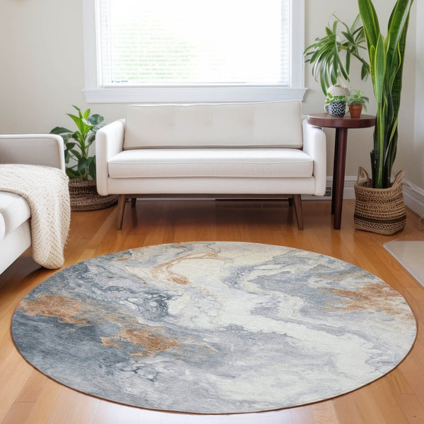 HomeRoots 8' Gray And Rust Round Abstract Washable Rug – Durable, Stylish, Versatile for Indoor & Outdoor Use 622410