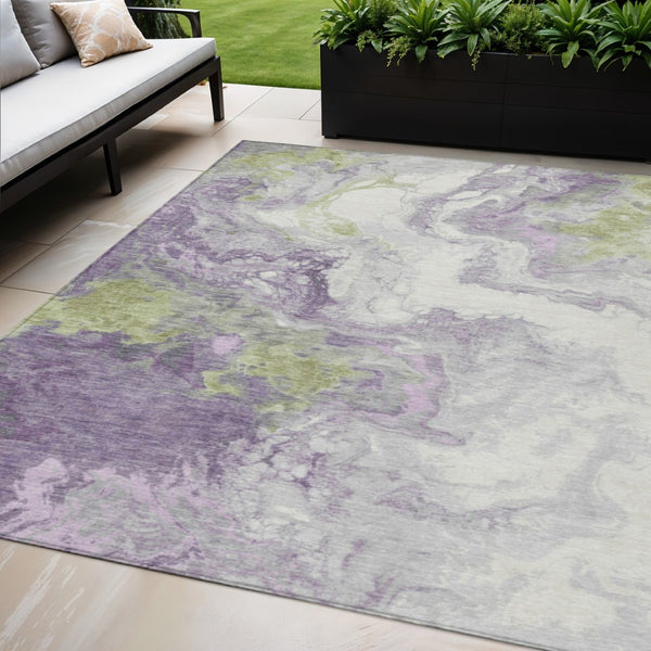 HomeRoots 5' X 8' Abstract Indoor Outdoor Area Rug in Lavender & Fern Green – Modern, Washable, Durable Design! 622415