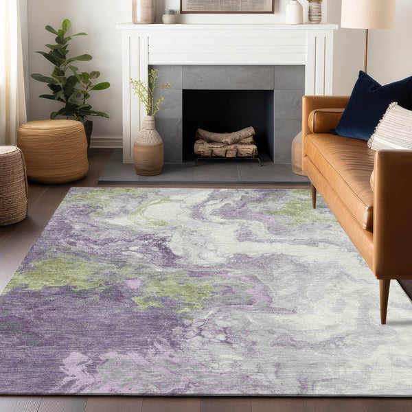 HomeRoots 5' X 8' Abstract Indoor Outdoor Area Rug in Lavender & Fern Green – Modern, Washable, Durable Design! 622415