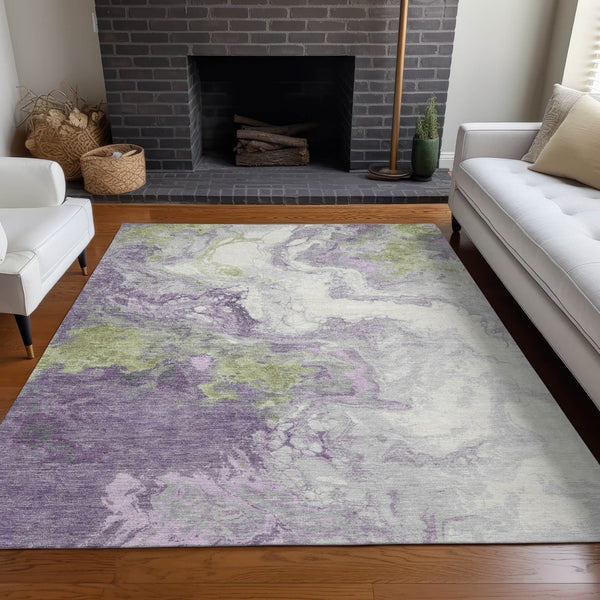 HomeRoots 5' X 8' Abstract Indoor Outdoor Area Rug in Lavender & Fern Green – Modern, Washable, Durable Design! 622415