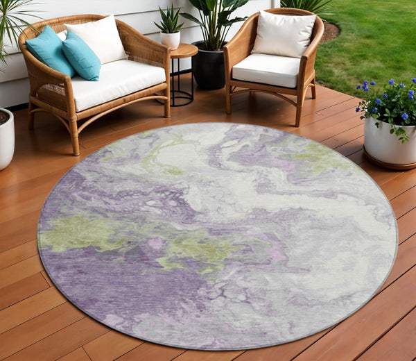 HomeRoots 8' Round Abstract Area Rug in Lavender & Fern Green - Washable, Stain-Resistant for Indoor/Outdoor Use 622416