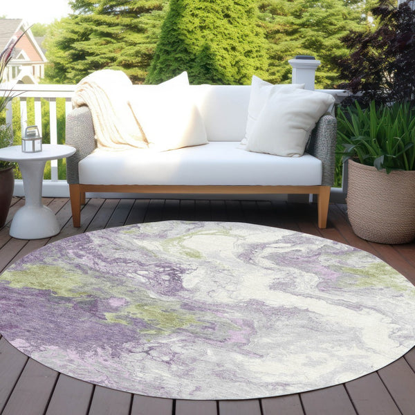 HomeRoots 8' Round Abstract Area Rug in Lavender & Fern Green - Washable, Stain-Resistant for Indoor/Outdoor Use 622416
