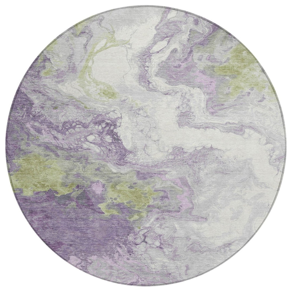 HomeRoots 8' Round Abstract Area Rug in Lavender & Fern Green - Washable, Stain-Resistant for Indoor/Outdoor Use 622416