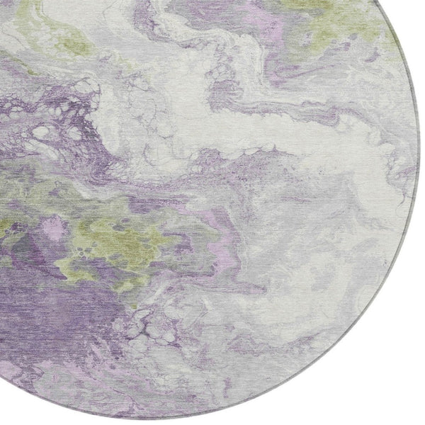 HomeRoots 8' Round Abstract Area Rug in Lavender & Fern Green - Washable, Stain-Resistant for Indoor/Outdoor Use 622416