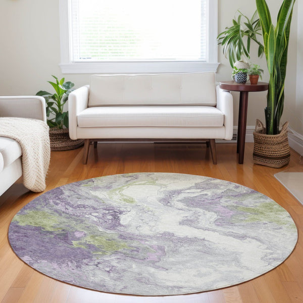 HomeRoots 8' Round Abstract Area Rug in Lavender & Fern Green - Washable, Stain-Resistant for Indoor/Outdoor Use 622416
