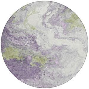 HomeRoots 8' Round Abstract Area Rug in Lavender & Fern Green - Washable, Stain-Resistant for Indoor/Outdoor Use 622416