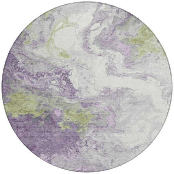 HomeRoots 8' Round Abstract Area Rug in Lavender & Fern Green - Washable, Stain-Resistant for Indoor/Outdoor Use 622416
