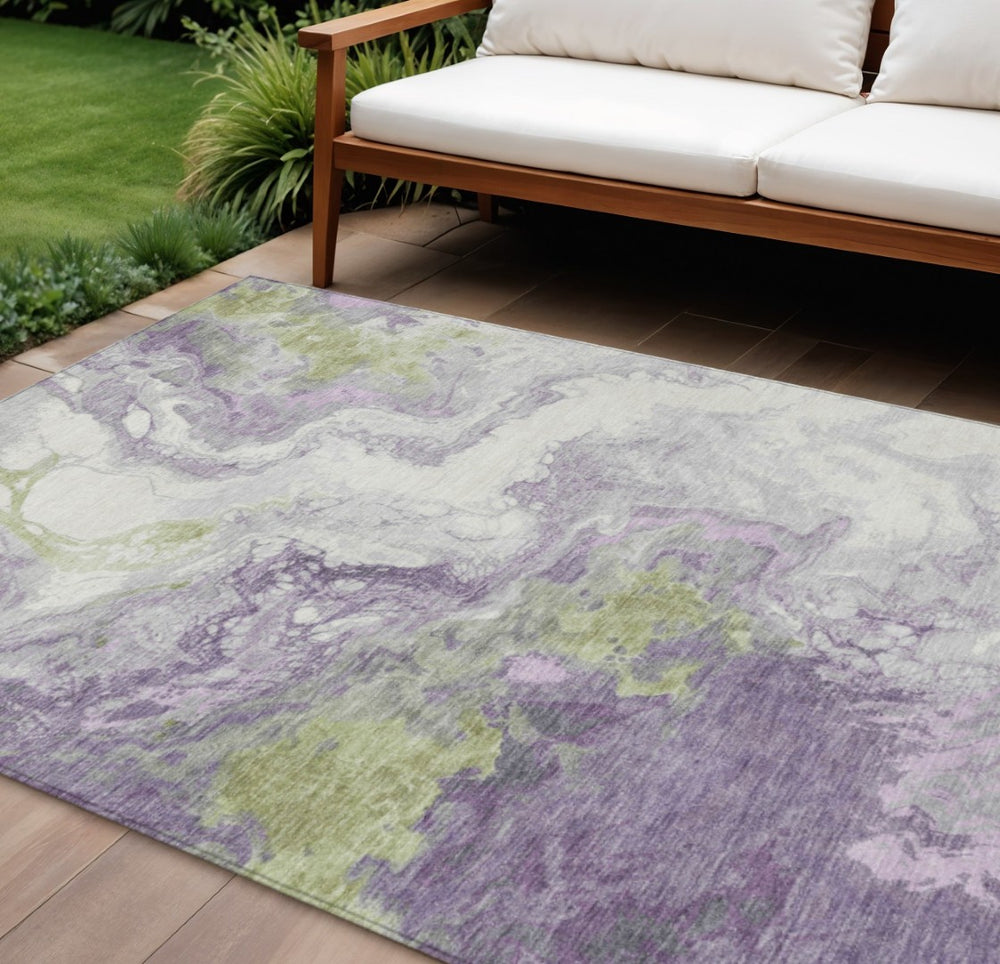 HomeRoots 8' X 10' Abstract Lavender & Fern Green Indoor-Outdoor Area Rug – Stain-Resistant, Washable & Durable 622417