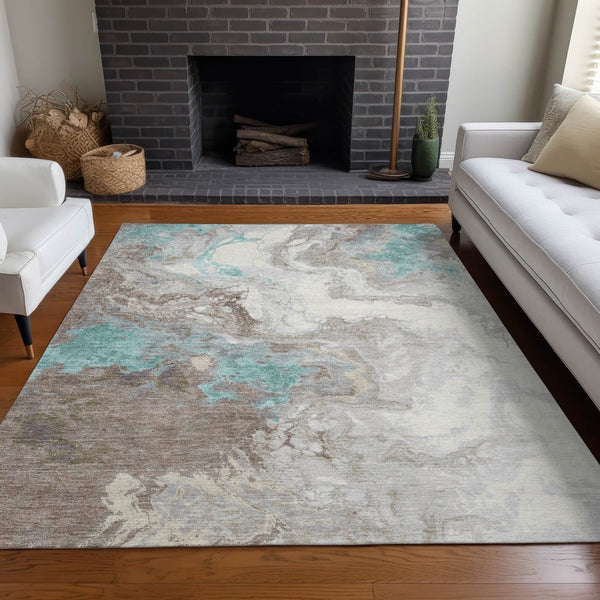 HomeRoots 5' X 8' Teal Blue & Taupe Abstract Area Rug - Stylish, Washable, Indoor/Outdoor Comfort for Any Space 622421