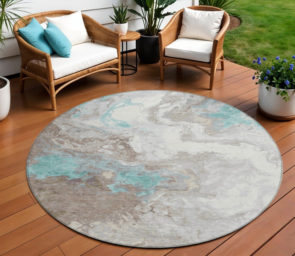 HomeRoots 8' Teal Blue and Taupe Round Rug - Modern Abstract Indoor/Outdoor, Stain-Resistant & Machine Washable 622422