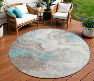 HomeRoots 8' Teal Blue and Taupe Round Rug - Modern Abstract Indoor/Outdoor, Stain-Resistant & Machine Washable 622422