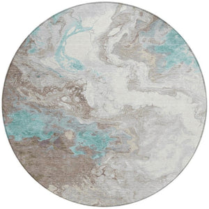 HomeRoots 8' Teal Blue and Taupe Round Rug - Modern Abstract Indoor/Outdoor, Stain-Resistant & Machine Washable 622422