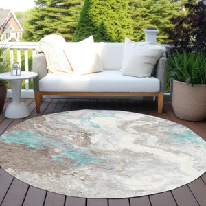HomeRoots 8' Teal Blue and Taupe Round Rug - Modern Abstract Indoor/Outdoor, Stain-Resistant & Machine Washable 622422