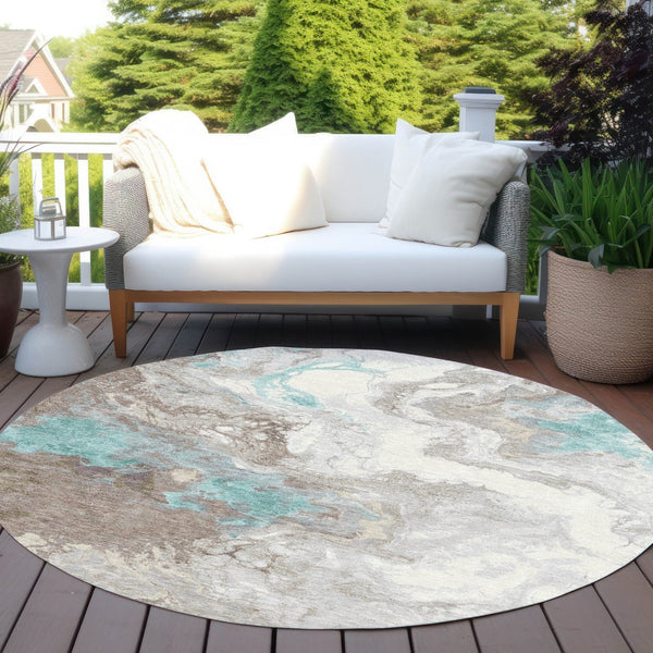 HomeRoots 8' Teal Blue and Taupe Round Rug - Modern Abstract Indoor/Outdoor, Stain-Resistant & Machine Washable 622422