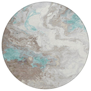 HomeRoots 8' Teal Blue and Taupe Round Rug - Modern Abstract Indoor/Outdoor, Stain-Resistant & Machine Washable 622422