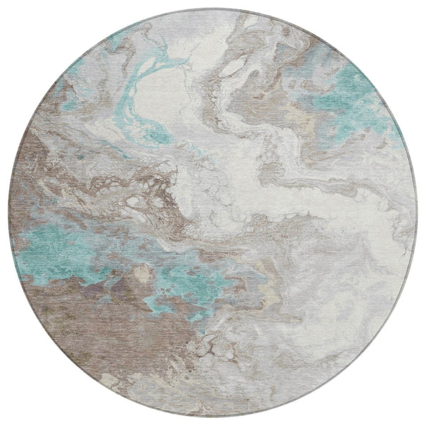 HomeRoots 8' Teal Blue and Taupe Round Rug - Modern Abstract Indoor/Outdoor, Stain-Resistant & Machine Washable 622422