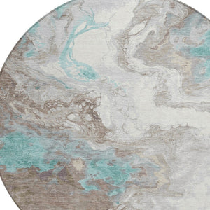 HomeRoots 8' Teal Blue and Taupe Round Rug - Modern Abstract Indoor/Outdoor, Stain-Resistant & Machine Washable 622422
