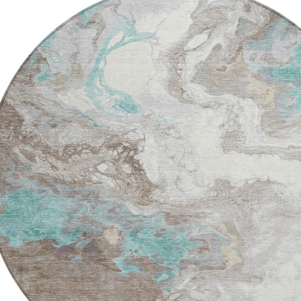 HomeRoots 8' Teal Blue and Taupe Round Rug - Modern Abstract Indoor/Outdoor, Stain-Resistant & Machine Washable 622422