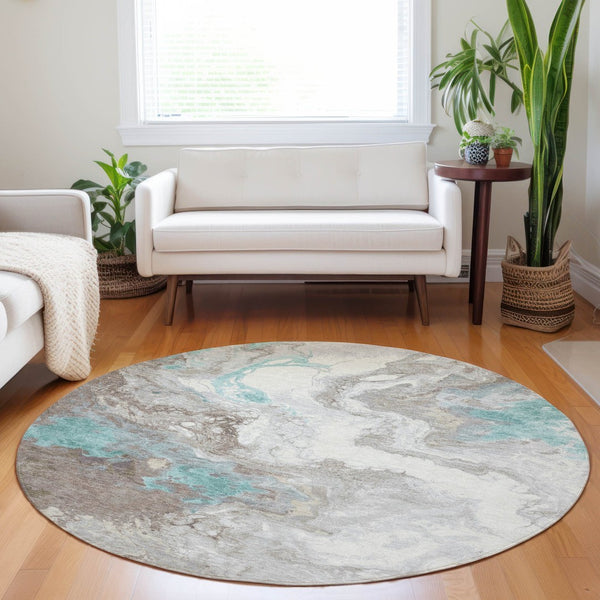 HomeRoots 8' Teal Blue and Taupe Round Rug - Modern Abstract Indoor/Outdoor, Stain-Resistant & Machine Washable 622422