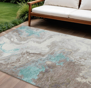 HomeRoots 9' Teal Blue and Taupe Abstract Washable Area Rug – Versatile Indoor/Outdoor Comfort for High Traffic 622424