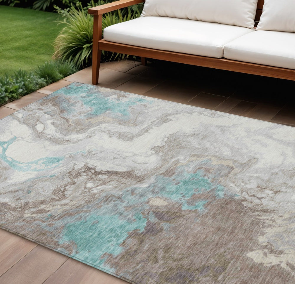 HomeRoots 10' Teal Blue & Taupe Abstract Washable Area Rug - Stylish Indoor/Outdoor Décor for Any Space! 622425