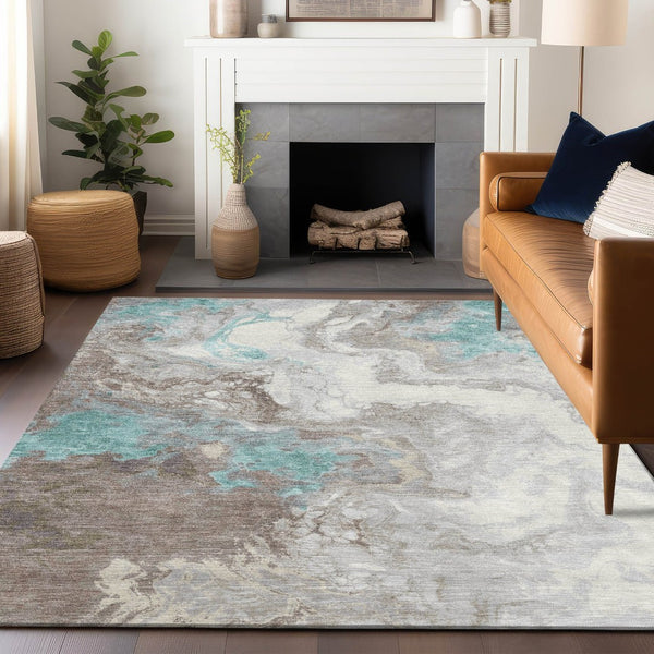 HomeRoots 10' Teal Blue & Taupe Abstract Washable Area Rug - Stylish Indoor/Outdoor Décor for Any Space! 622425