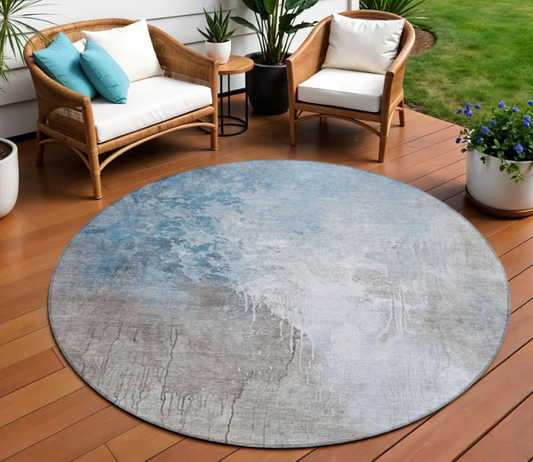 HomeRoots 8' Denim Blue and Gray Round Abstract Rug - Stylish, Washable Indoor/Outdoor Area Rug for All Spaces! 622452