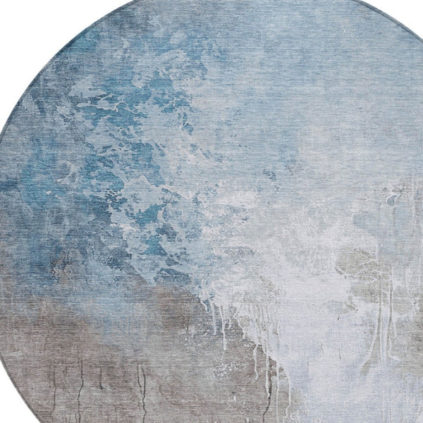HomeRoots 8' Denim Blue and Gray Round Abstract Rug - Stylish, Washable Indoor/Outdoor Area Rug for All Spaces! 622452
