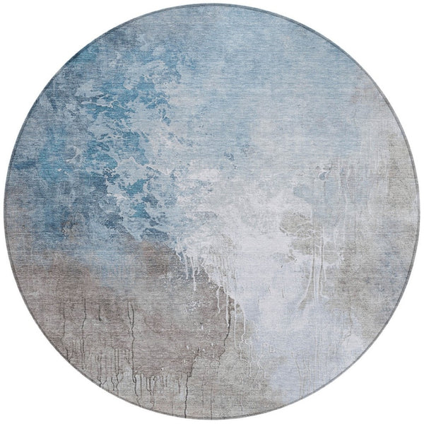 HomeRoots 8' Denim Blue and Gray Round Abstract Rug - Stylish, Washable Indoor/Outdoor Area Rug for All Spaces! 622452