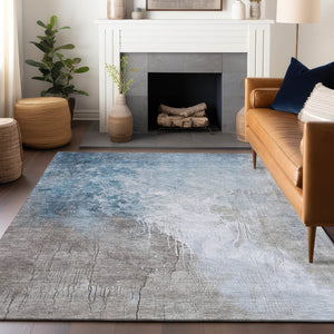 HomeRoots 8' X 10' Denim Blue & Gray Abstract Area Rug - Stylish, Washable, Indoor/Outdoor, Durable & Versatile! 622453