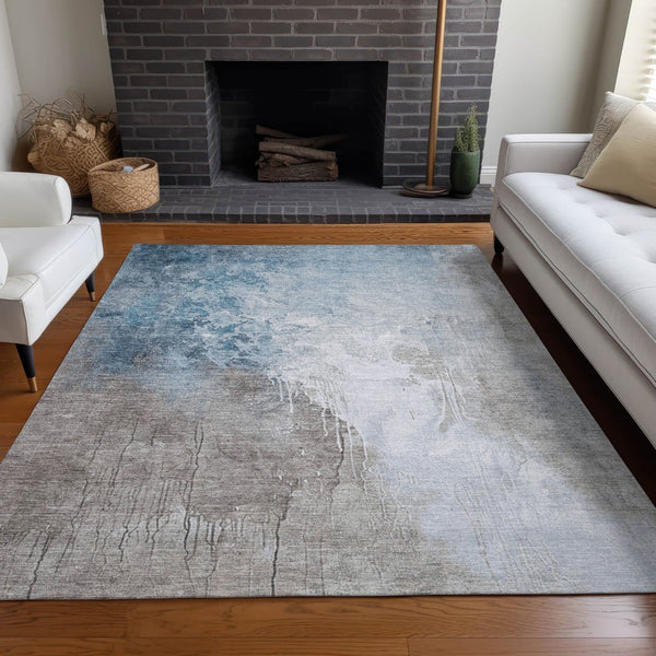 HomeRoots 8' X 10' Denim Blue & Gray Abstract Area Rug - Stylish, Washable, Indoor/Outdoor, Durable & Versatile! 622453