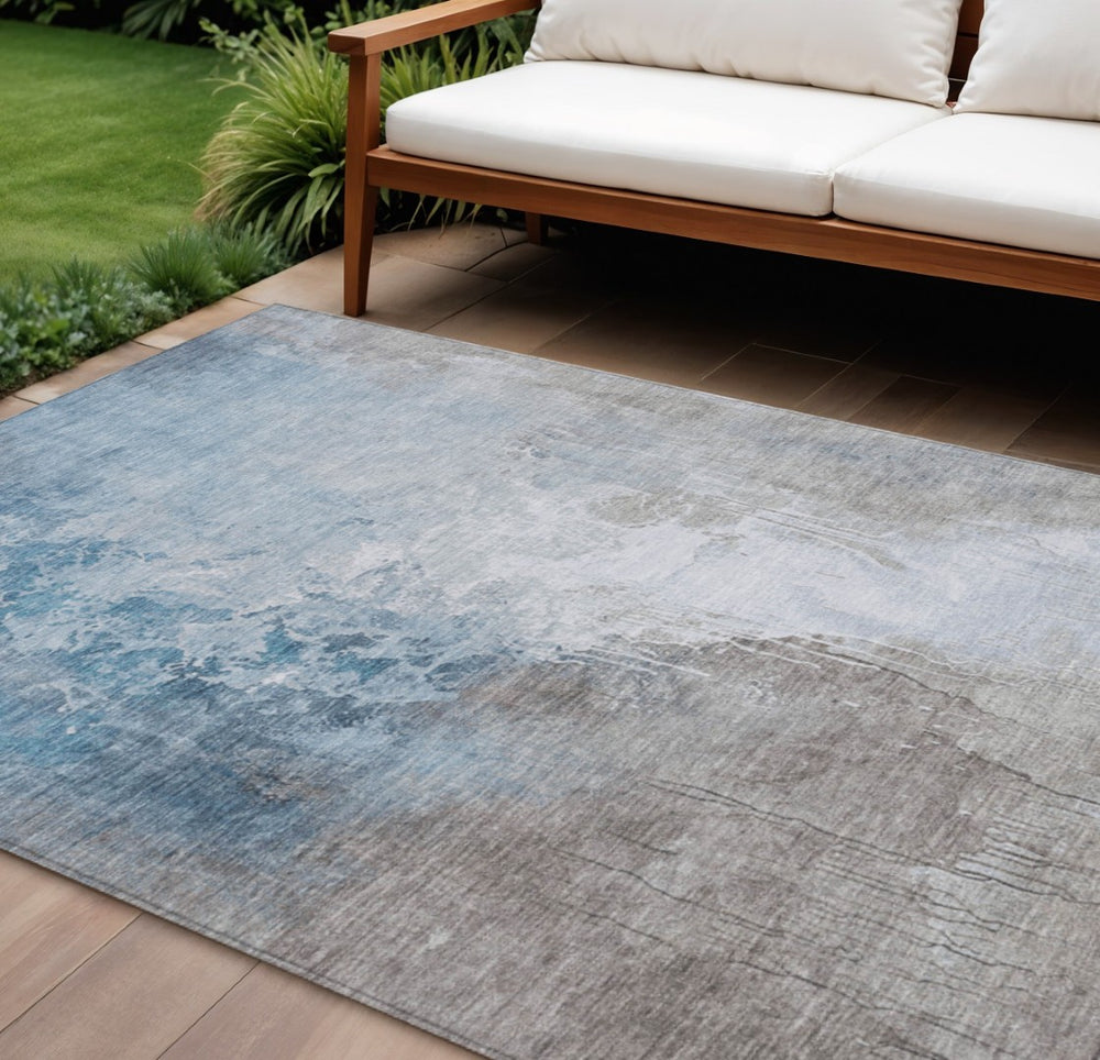 HomeRoots 10' Denim Blue and Gray Abstract Area Rug – Washable, Durable, Indoor/Outdoor Use for High Traffic Spaces 622455