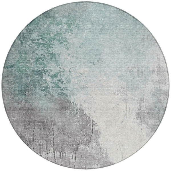 HomeRoots 5' Modern Pale Aqua and Gray Abstract Washable Area Rug for Stylish Indoor and Outdoor Spaces 8' Round 622470
